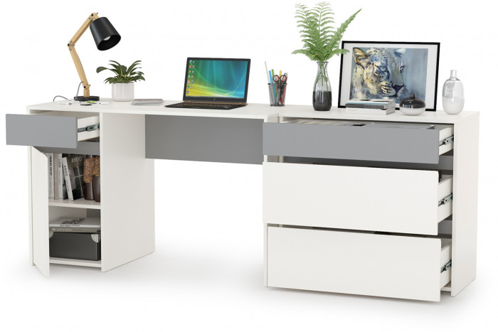 Торонто 12.149 Стол + 13.321 Комод, цвет белый шагрень/стальной серый, ШхГхВ 200х53,1х75,3 см., универсальная сборка