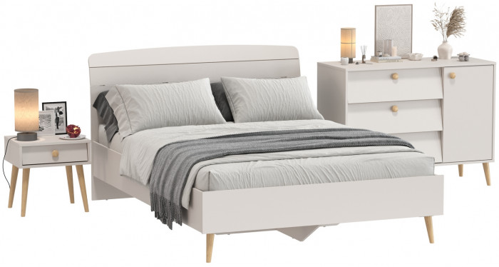 Афина Спальня Кровать 1400 + Комод + Тумба, цвет кашемир серый, ШхГхВ 144,6х210,2х95,7 + 110х45,3х83 + 45х37х45 см., 1400х2000 мм., б/м, осн. есть