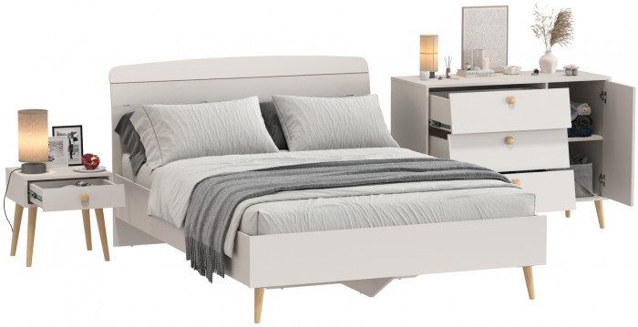 Афина Спальня Кровать 1400 + Комод + Тумба, цвет кашемир серый, ШхГхВ 144,6х210,2х95,7 + 110х45,3х83 + 45х37х45 см., 1400х2000 мм., б/м, осн. есть