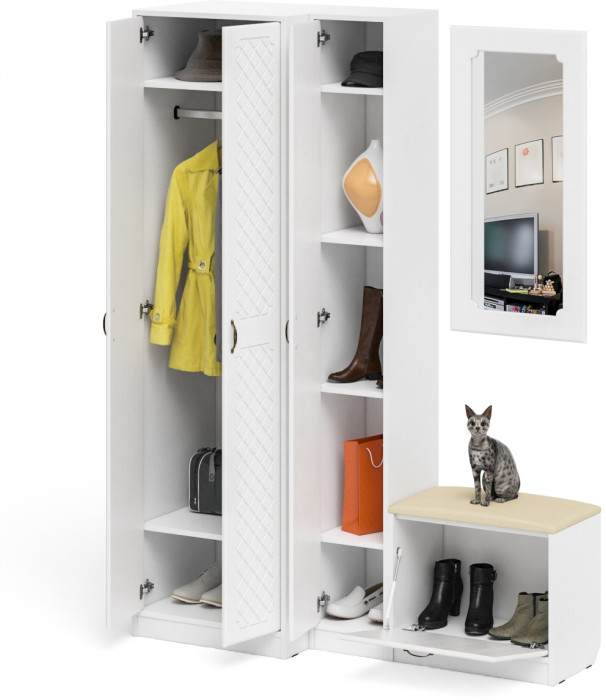 Прихожая П-6 Компоновка № 26, цвет белая шагрень/фасады МДФ белое дерево фрезеровка ромб, ШхГхВ 150х50х210 см., универсальная сборка