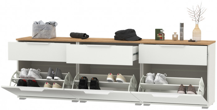 Октава 16.127 Тумба для обуви + 16.127 Тумба + 16.127 Тумба, цвет белый шагрень/дуб крафт золотой/фасады МДФ белый шагрень, ШхГхВ 194,7х35,4х62,2 см.