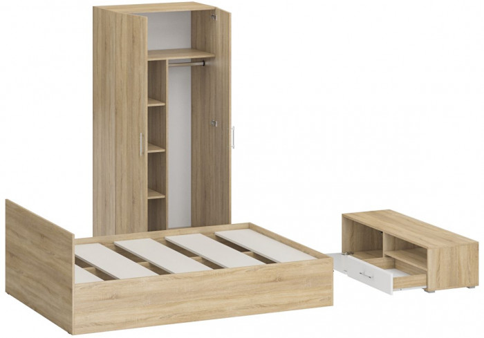 Спальня Стандарт 3-1400, дуб сонома/фасады ТВ тумбы МДФ белый глянец