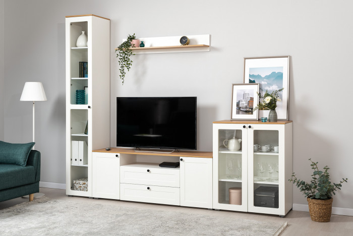 Остин 16.394.03 Шкаф-витрина(пенал), цвет белый шагрень/дуб крафт золотой, ШхГхВ 40х41,8х229,8 см., универсальная сборка