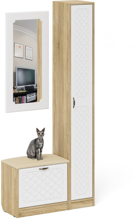 Прихожая П-6 Компоновка № 20, цвет дуб сонома/фасады МДФ белое дерево фрезеровка ромб, ШхГхВ 90х35х210 см., универсальная сборка