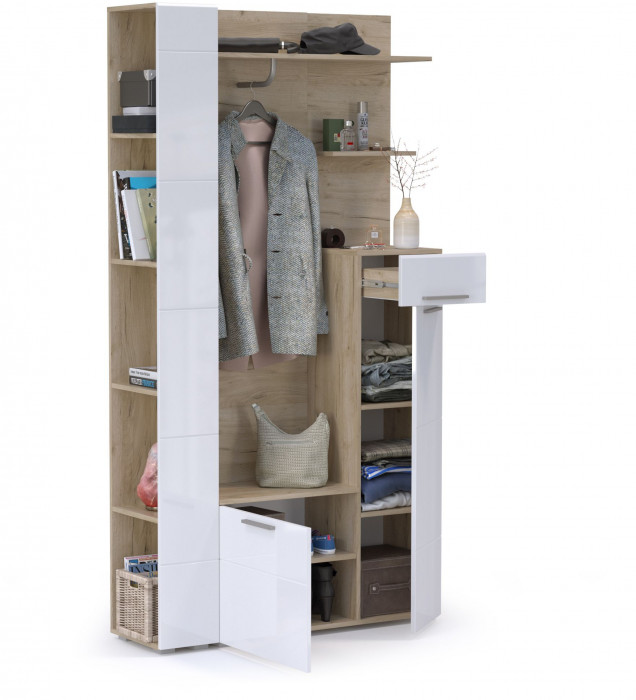 Лайн Прихожая № 06, дуб крафт серый/фасады МДФ белый глянец