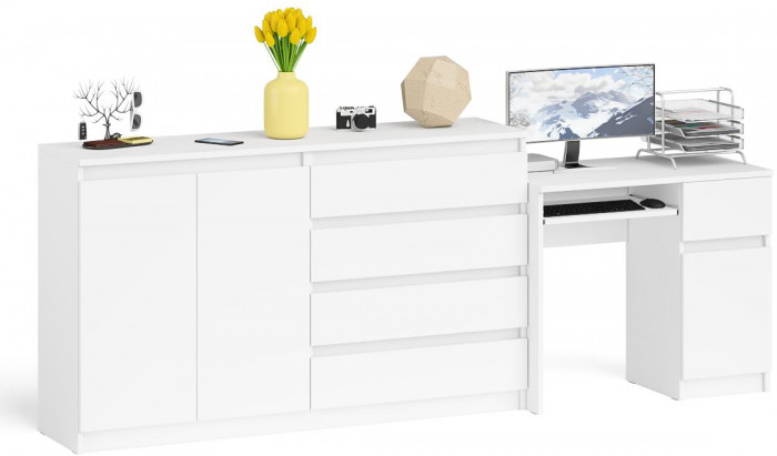 Мори Стол компьютерный МС-1 правый + Комод МК1600.1, цвет белый, ШхГхВ 250,4х50х94 см., выдвижной ящик справа, НЕ универсальная сборка