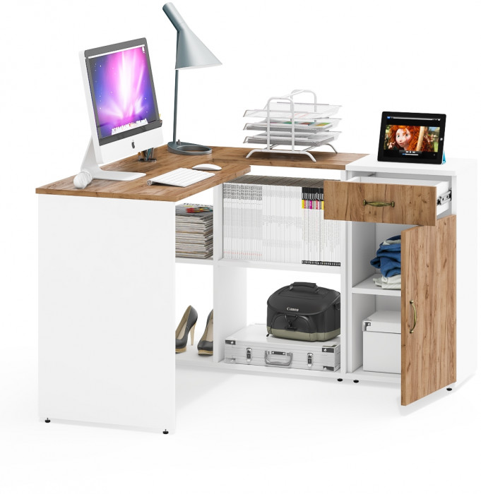 Лидер-8 Стол + Тумба МД 3.15, цвет белый шагрень/крафт золото, ШхГхВ 205х50/30х75 см. или 115х50/120х75 см., НЕ универсальная сборка