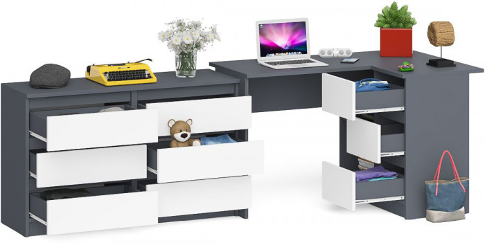 Мори компьютерный стол МС-16 правый + Комод МК1200.6, графит/белый