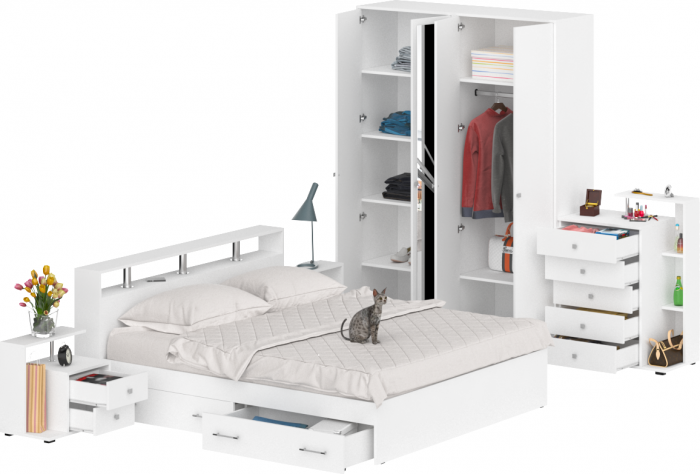 Камелия спальня № 11 Кровать с ящиками 1800 + Две тумбы + Комод + Шкаф 4-х створчатый, белый