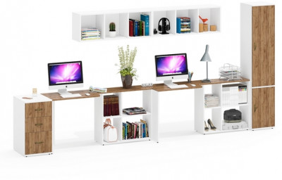 Лидер-8 Стол + Полка + Стол + Полка + Пенал МД 22Б + Тумба МД 3.16, белый шагрень/крафт золото