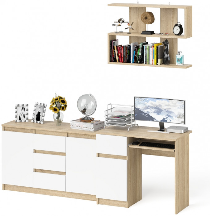 Мори компьютерный стол МС-1 левый + Комод МК1200.3 + Полка 900, дуб сонома/белый