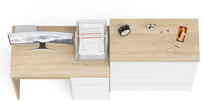 Мори компьютерный стол МС-1 правый + Комод МК800.4, дуб сонома/белый