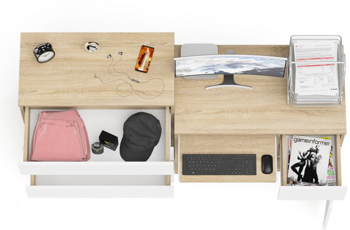 Мори компьютерный стол МС-1 правый + Комод МК800.4, дуб сонома/белый