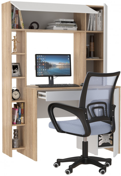 КР100 Стол компьютерный Комфорт 12.71 + кресло 103 серое, цвет дуб сонома/белый, ШхГхВ 116,7х60,2х165,4 см., НЕ универсальная сборка