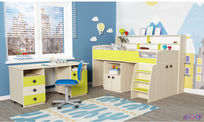 Кровать-чердак Малыш 5 (Дуб молочный/Оранжевый)