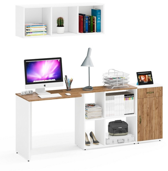 Лидер-8 Стол + Полка + Тумба МД 3.15, цвет белый шагрень/крафт золото, ШхГхВ 205х50/30х75/190 или 115х50/120х75/190 см., НЕ универсальная сборка