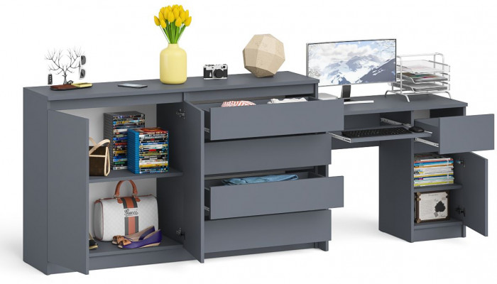 Мори Стол компьютерный МС-1 правый + Комод МК1600.1, цвет графит, ШхГхВ 250,4х50х94 см., выдвижной ящик справа, НЕ универсальная сборка
