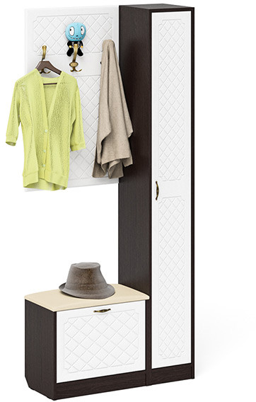 Прихожая П-6 Компоновка № 21, цвет венге/фасады МДФ белое дерево фрезеровка ромб, ШхГхВ 90х35х210 см., универсальная сборка