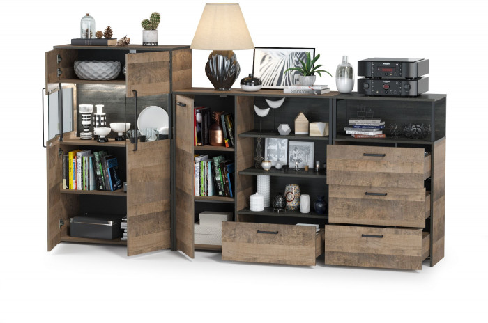 Трувор 13.307.01 Комод + 13.306 Комод с витриной + 13.307.02 Комод с ящиками, цвет дуб гранж песочный/интра, ШхГхВ 260,8х37х135,3 см., ун. сборка