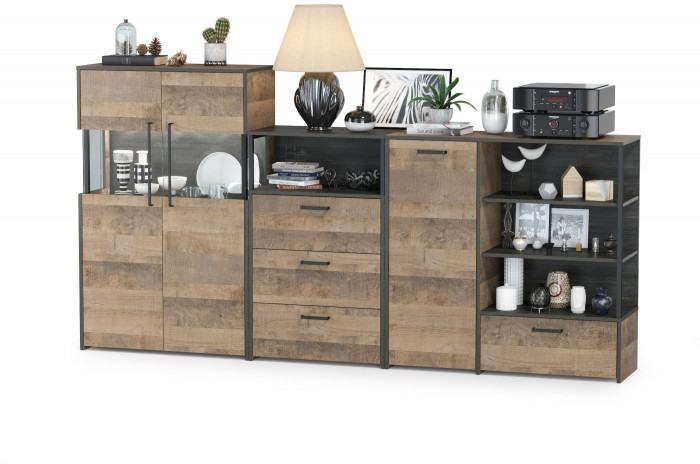 Трувор 13.307.01 Комод + 13.306 Комод с витриной + 13.307.02 Комод с ящиками, цвет дуб гранж песочный/интра, ШхГхВ 260,8х37х135,3 см., ун. сборка