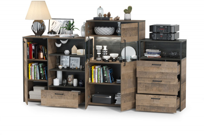 Трувор 13.307.01 Комод + 13.306 Комод с витриной + 13.307.02 Комод с ящиками, цвет дуб гранж песочный/интра, ШхГхВ 260,8х37х135,3 см., ун. сборка