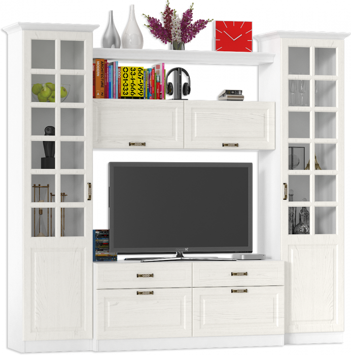 Ливерпуль Набор мебели 1, цвет ясень ваниль/белый, ШхГхВ 240х49,3х220,3 см.(без учёта карниза), ниша для тв 140х49х90 см.