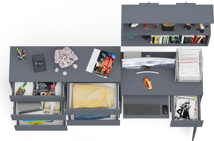 Мори Стол компьютерный МС-1 правый + Комод МК1200.8 + Полка 900, цвет графит, ШхГхВ 210,4х50х209,6 см., НЕ универсальная сборка