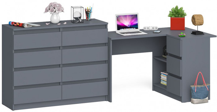 Мори Стол компьютерный МС-16 правый + Комод МК1200.8, цвет графит, ШхГхВ 244,8х84,9х94 см., выдвижные ящики справа, НЕ универсальная сборка