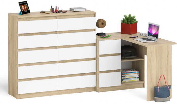 Мори Стол компьютерный МС-16 левый + Комод МК1200.10, цвет дуб сонома/белый, ШхГхВ 244,8х84,9х115 см., выдвижные ящики слев, НЕ универсальная сборкаа