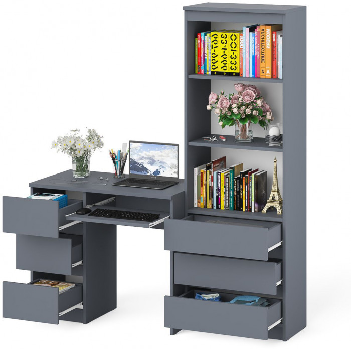 Мори Стол компьютерный МС-6 левый + Стеллаж МСТ600.3, цвет графит, ШхГхВ 150,4х50х179,6 см., выдвижные ящики слева, НЕ универсальная сборка