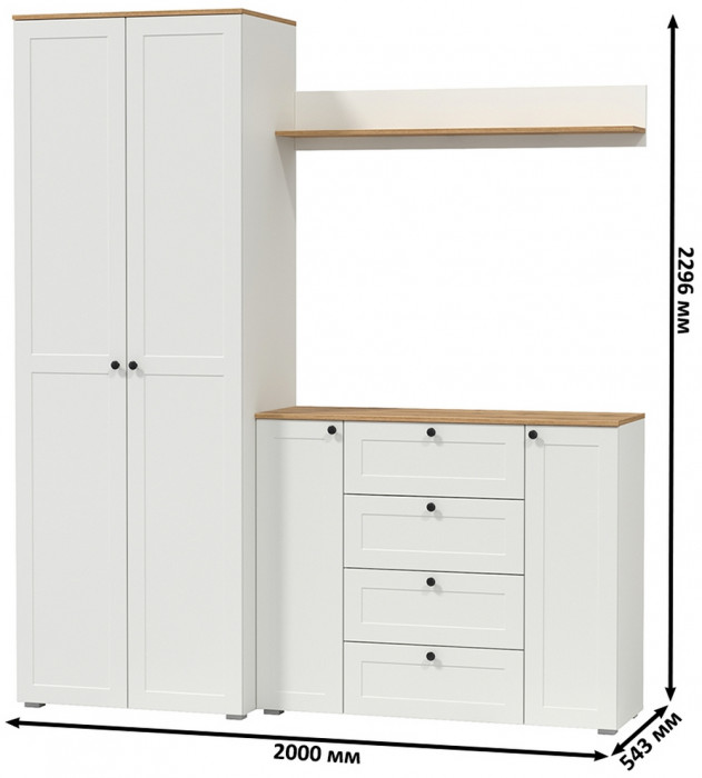 Остин Прихожая 62, цвет белый шагрень/дуб крафт золотой, ШхГхВ 200х54,3х229,6 см., универсальная сборка