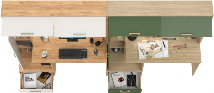 Два Стола письменных Лайт 03.243Н, цвет дуб крафт золотой/белый премиум/плэйн/дымчатый зелёный, ШхГхВ 300,4х57,3х179,9 см., НЕ универсальная сборка