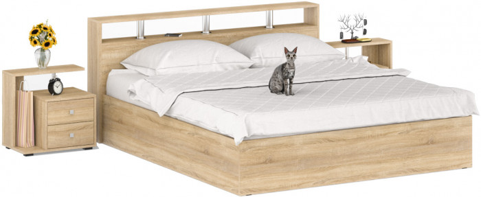 Камелия Кровать 1800 + две тумбы, цвет дуб сонома, ШхГхВ 296х217х78,2 см., сп.м. 1800х2000 мм., без матраса, основание есть