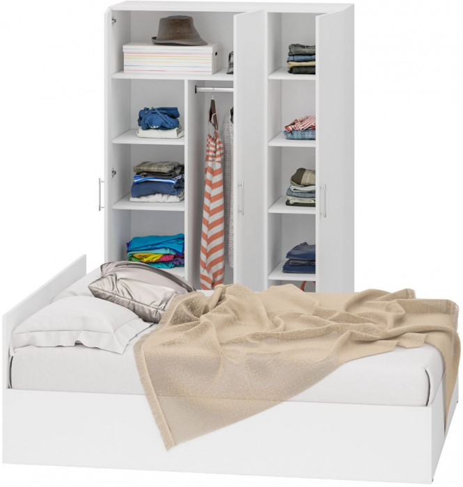 Спальня Стандарт 1-1600, цвет белый, ШхГхВ 163,5х203,5х70 + 135х52х200 см., сп.м. 1600х2000 мм., без матраса, основание есть