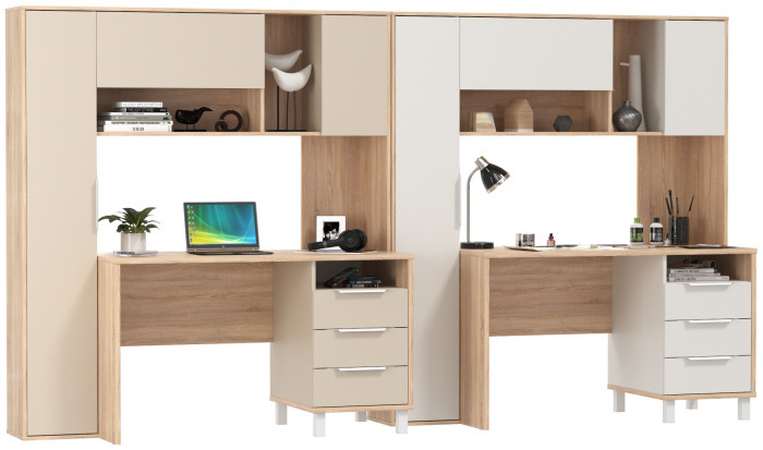 Два стола компьютерных Комфорт 12.95N, цвет дуб сонома/белый/дуб сонома/сатин, ШхГхВ 324х60,3х180 см., НЕ универсальная сборка