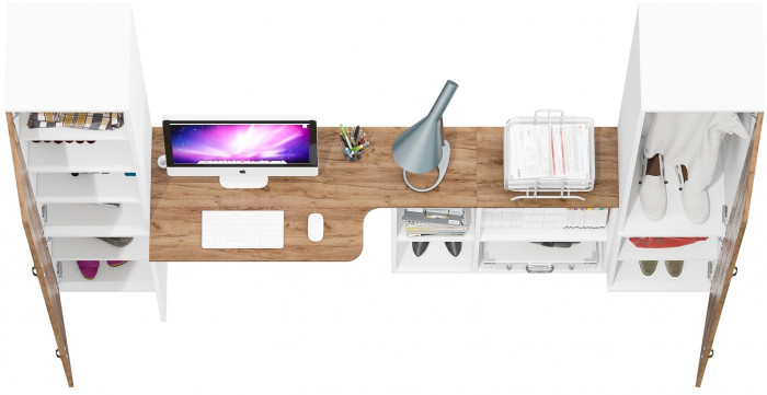 Лидер-8 Пенал МД 22Б + Стол + Пенал 21Б, цвет белый шагрень/крафт золото, ШхГхВ 245х50/37,5х75/190 или 155х120/50х75/190 см., НЕ универсальная сборка