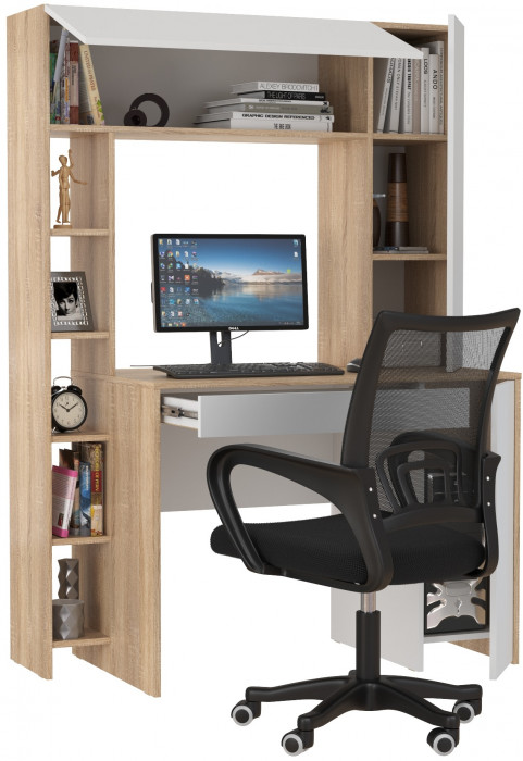 КР100 Стол компьютерный Комфорт 12.71 + кресло 103 чёрное, цвет дуб сонома/белый, ШхГхВ 116,7х60,2х165,4 см., НЕ универсальная сборка