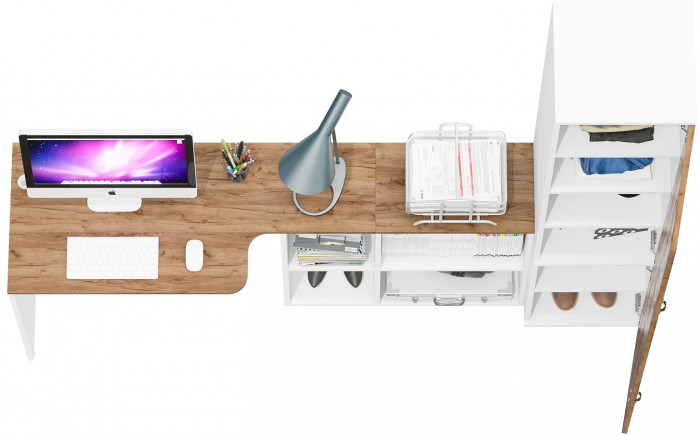 Лидер-8 Стол + Пенал МД 22Б, цвет белый шагрень/крафт золото, ШхГхВ 205х50/37,5х75/190 или 115х50/120х75/190 см., НЕ универсальная сборка