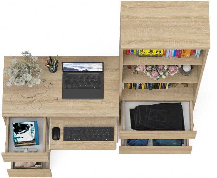 Мори Стол компьютерный МС-6 левый + Стеллаж МСТ600.3, цвет дуб сонома, ШхГхВ 150,4х50х179,6 см., выдвижные ящики слева, НЕ универсальная сборка