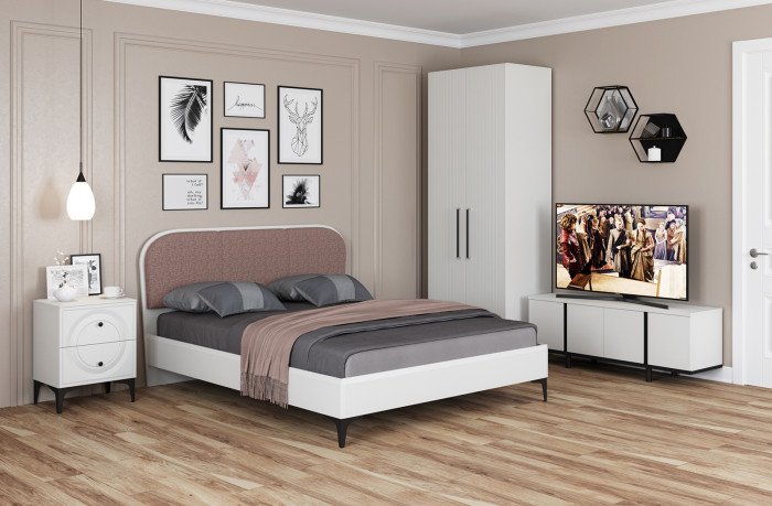 Валенсия Спальня № 36, цвет ЛДСП белый шагрень/чёрный/МДФ белый шагрень/ткань велутто 19, ортопед есть, сп. м. 1600х2000 мм., б/м