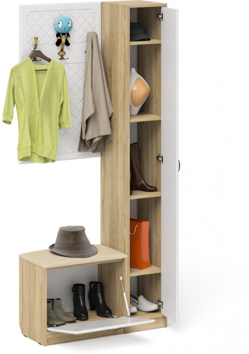 Прихожая П-6 Компоновка № 21, цвет дуб сонома/фасады МДФ белое дерево фрезеровка ромб, ШхГхВ 90х35х210 см., универсальная сборка