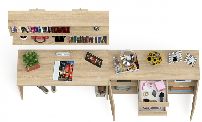 Мори Стол письменный МСП1200.1 + Комод МК1200.3 + Полка 1200, цвет дуб сонома, ШхГхВ 240,8х50х209,6 см., универсальная сборка