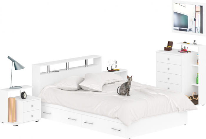 Камелия спальня № 12 Кровать с ящиками 1400 + Две тумбы + Комод + Зеркало, белый