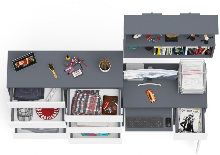 Мори компьютерный стол МС-1 правый + Комод МК1200.10 + Полка 900, графит/белый