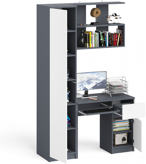 Мори компьютерный стол МС-1 правый + Пенал МШ400.1 + Полка 900, графит/белый