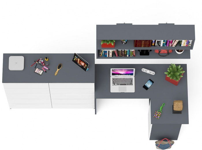 Мори компьютерный стол МС-16 правый + Комод МК1200.10 + Полка 1200, графит/белый