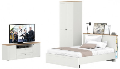 Остин 11.53 Кровать + ортопед + 13.336.02 Шкаф для одежды + 16.47 Тумба под ТВ, белый шагрень/дуб крафт золотой