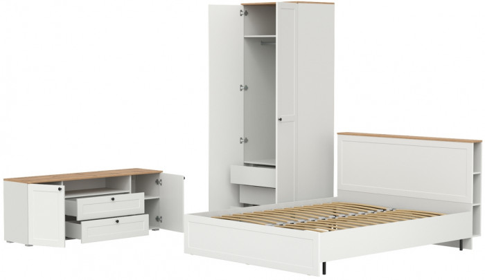 Остин 11.53 Кровать + ортопед + 13.336.02 Шкаф для одежды + 16.47 Тумба под ТВ, белый шагрень/дуб крафт золотой