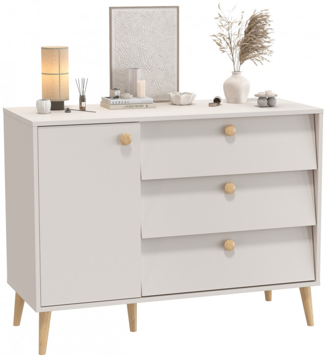 Афина Спальня 4-44901М1к.с. Комод с дверкой и тремя ящиками, цвет кашемир серый, ШхГхВ 110х45,3х83 см., универсальная сборка, цвет ножек: тик