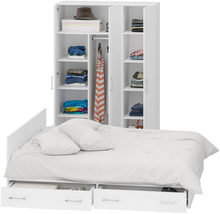 Спальня Стандарт 1-1800Я, цвет белый, ШхГхВ 183,5х203,5х70 + 135х52х200 см., сп.м. 1800х2000 мм., без матраса, основание есть